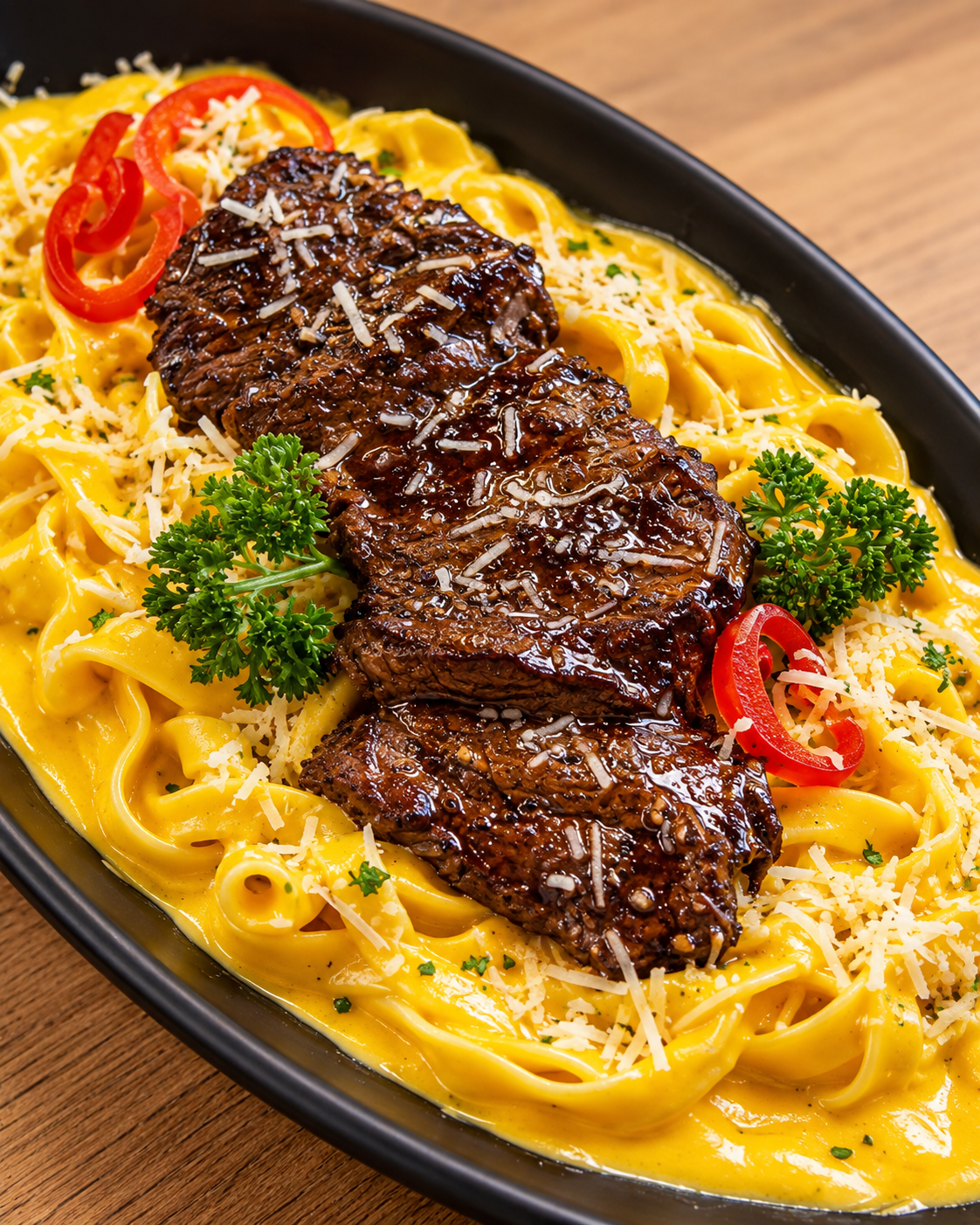 Fettuccine a la huancaína con lomo